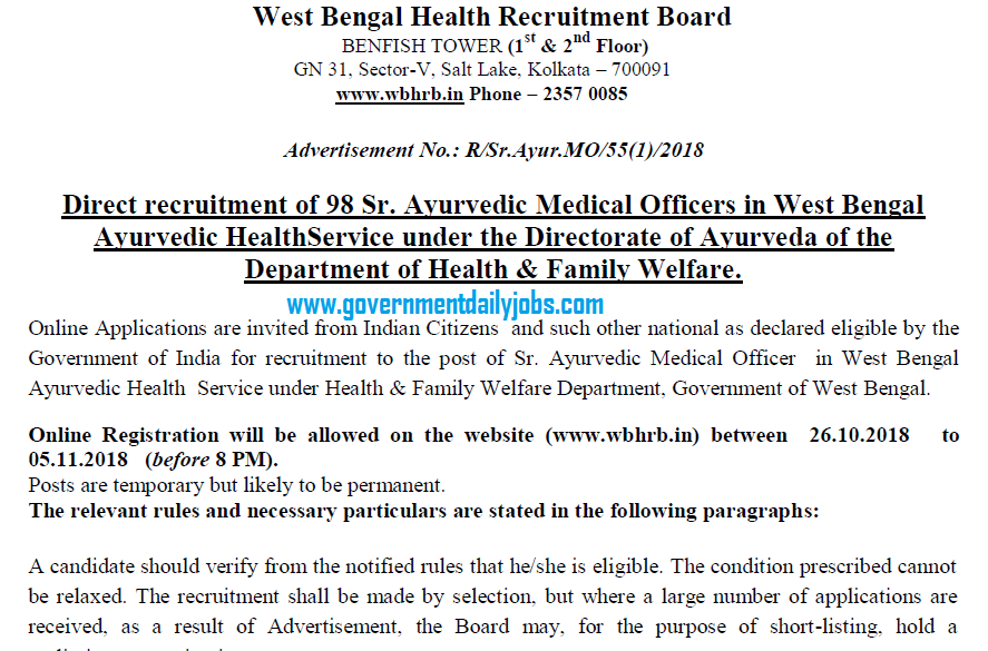 WBHRB RECRUITMENT 2018 APPLY 98 SR. AYURVEDIC MEDICAL OFFICER JOBS