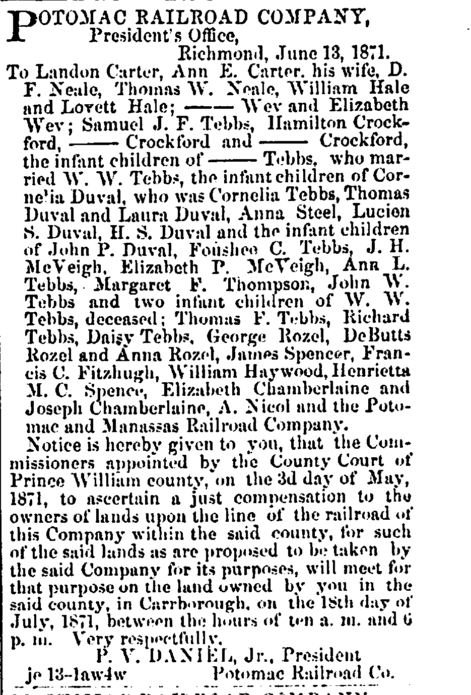 Prince William County Genealogy Land Records Potomac Railroad Company Notice of Eminent Domain