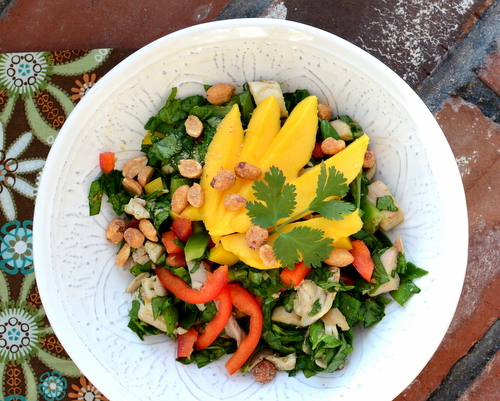 Asian Chicken Salad, another Quick Supper ♥ KitchenParade.com, just chicken with spinach, peppers, bean sprouts with ginger-lime-cilantro dressing. Very Weight Watchers Friendly. High Protein. Fresh & Seasonal.