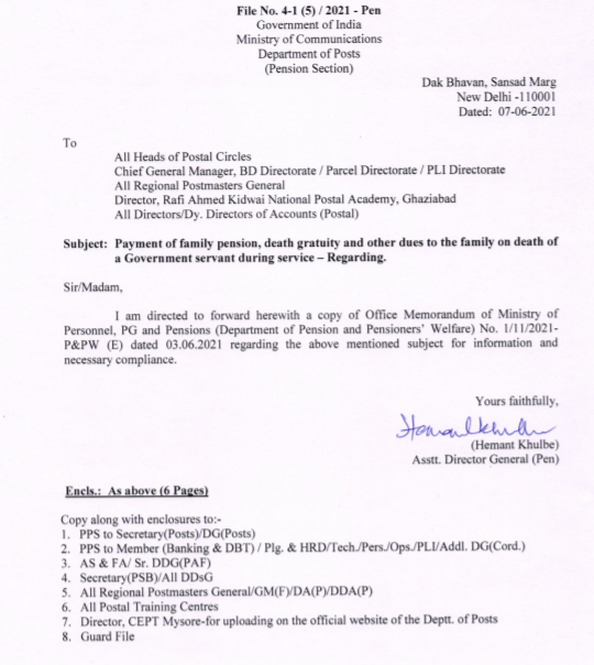 Payment of family pension, death gratuity and other dues to the family