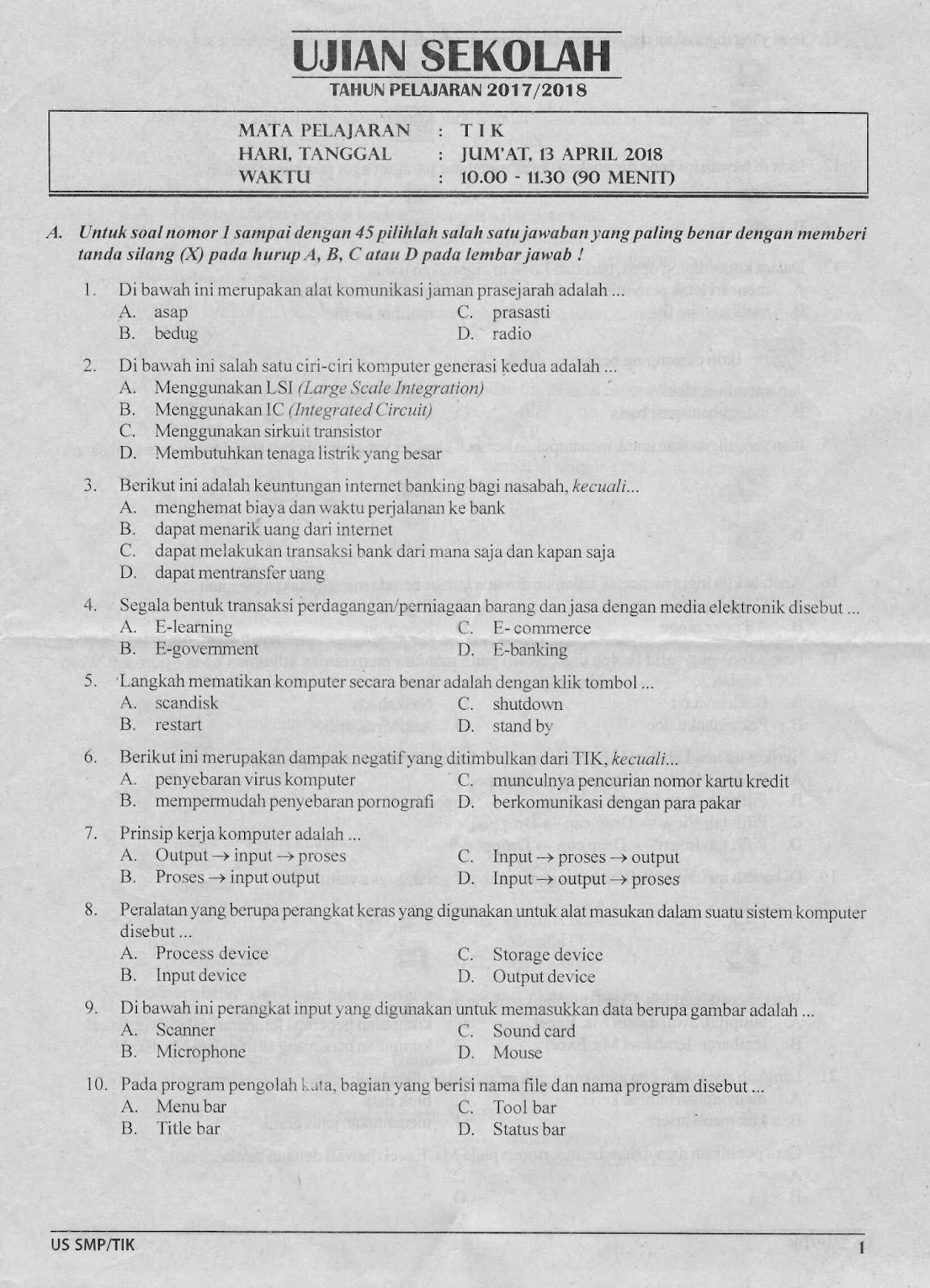 Contoh Ujian Sekolah Tik Smp Kumpulan Informasi