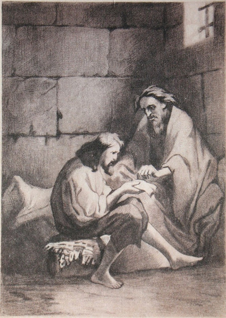 Эдмон Дантес и аббат Фариа читают завещание кардинала Спада в замке Иф между 1824 и 1828 годами.