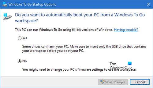 Opciones de inicio de Windows To Go