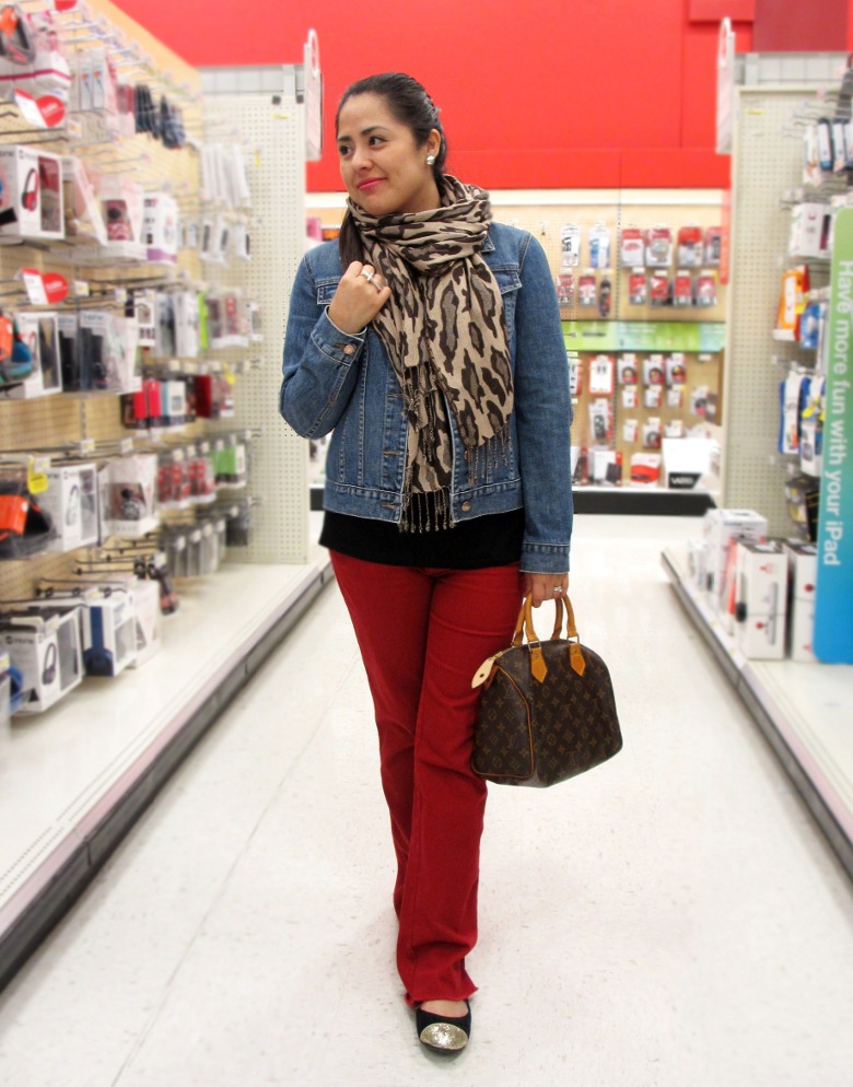 Whispering Style: College Casual Look. Studded Denim Jacket and LV Handbag
