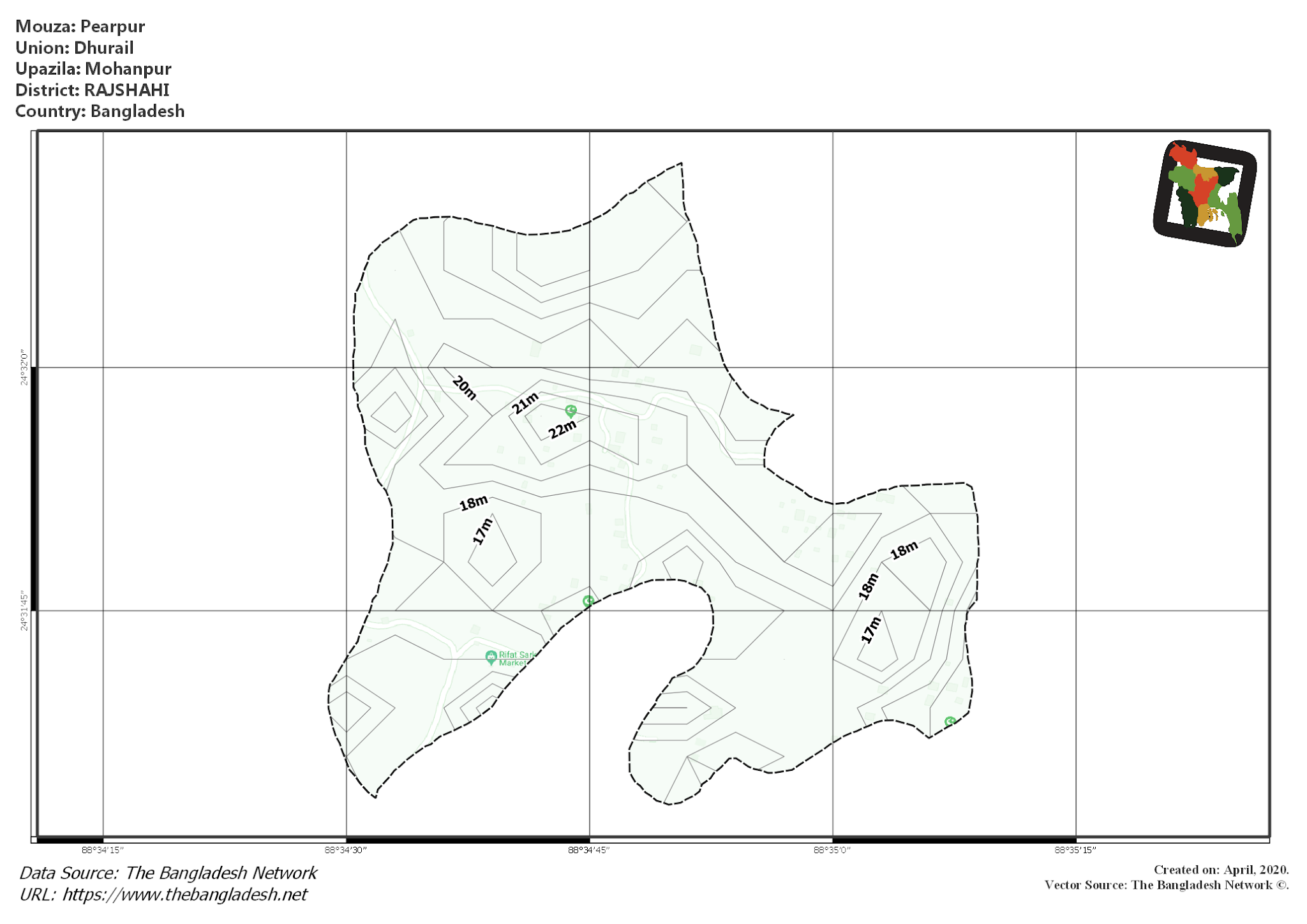 Map of Pearpur Mouza of Mohanpur Upazila, RAJSHAHI, Bangladesh.
