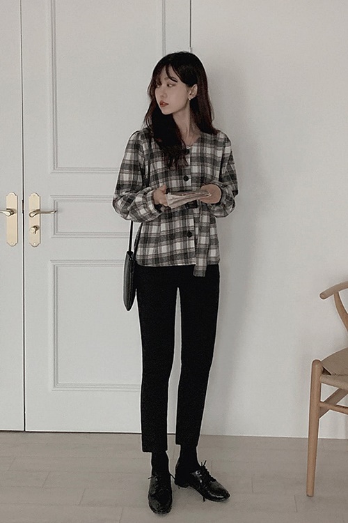 Belted Woolen Check Blouse by Dejou