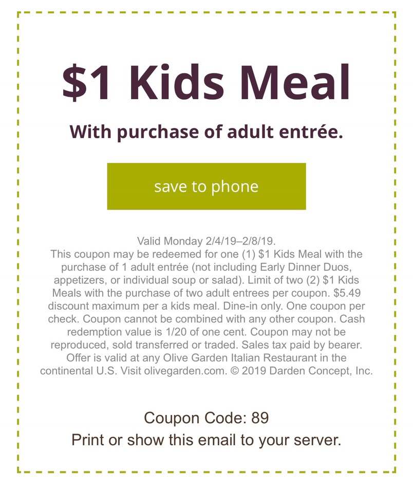 Arizona Families Olive Garden Coupons Kids Meals 1 2019 Nationwide