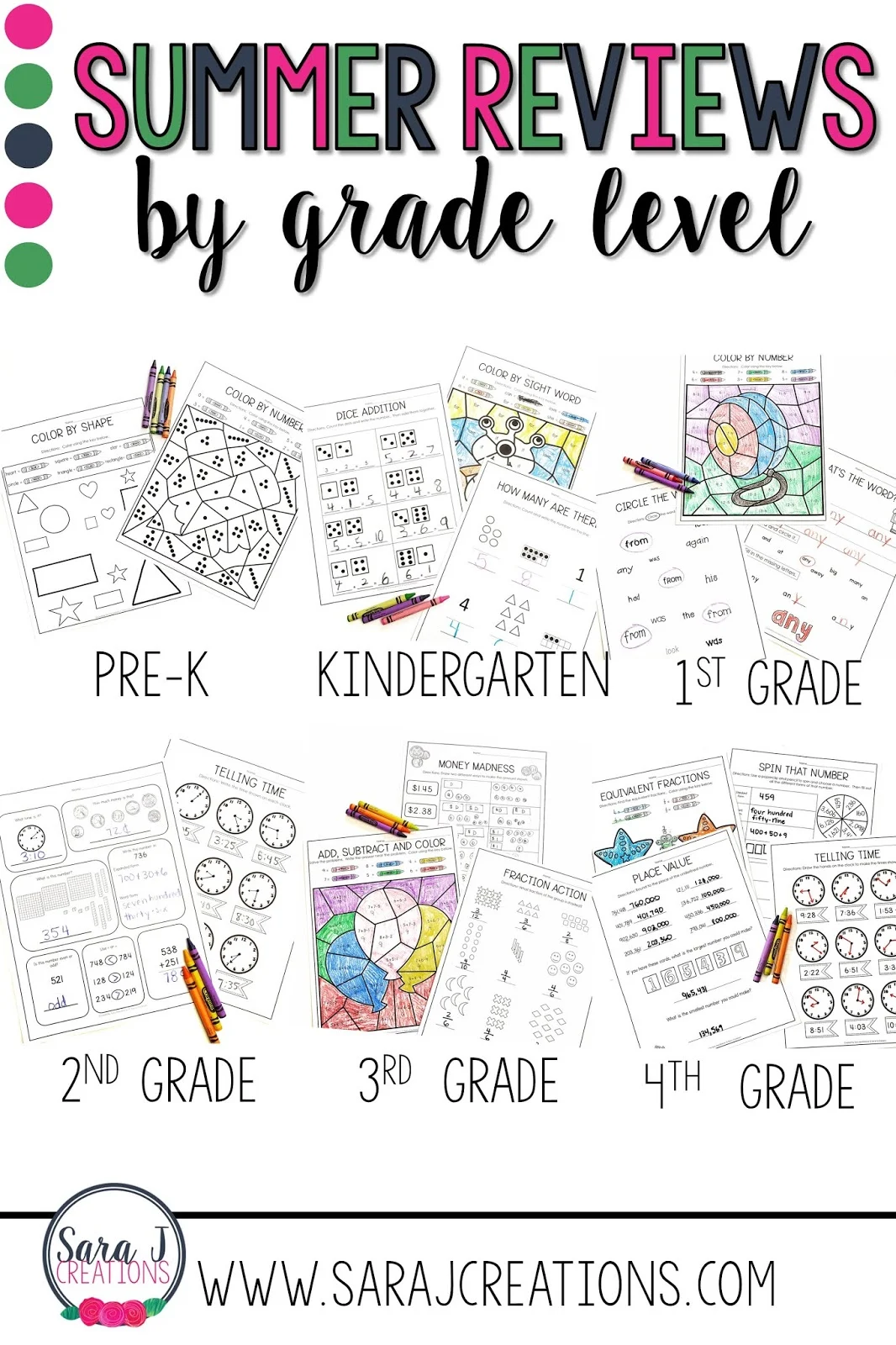 Summer review packets for grades Pre-K through 4th to help prevent the summer slide.  Perfect for review at the end of the year, review at the beginning of the year, summer homework, tutoring lessons or distance learning.