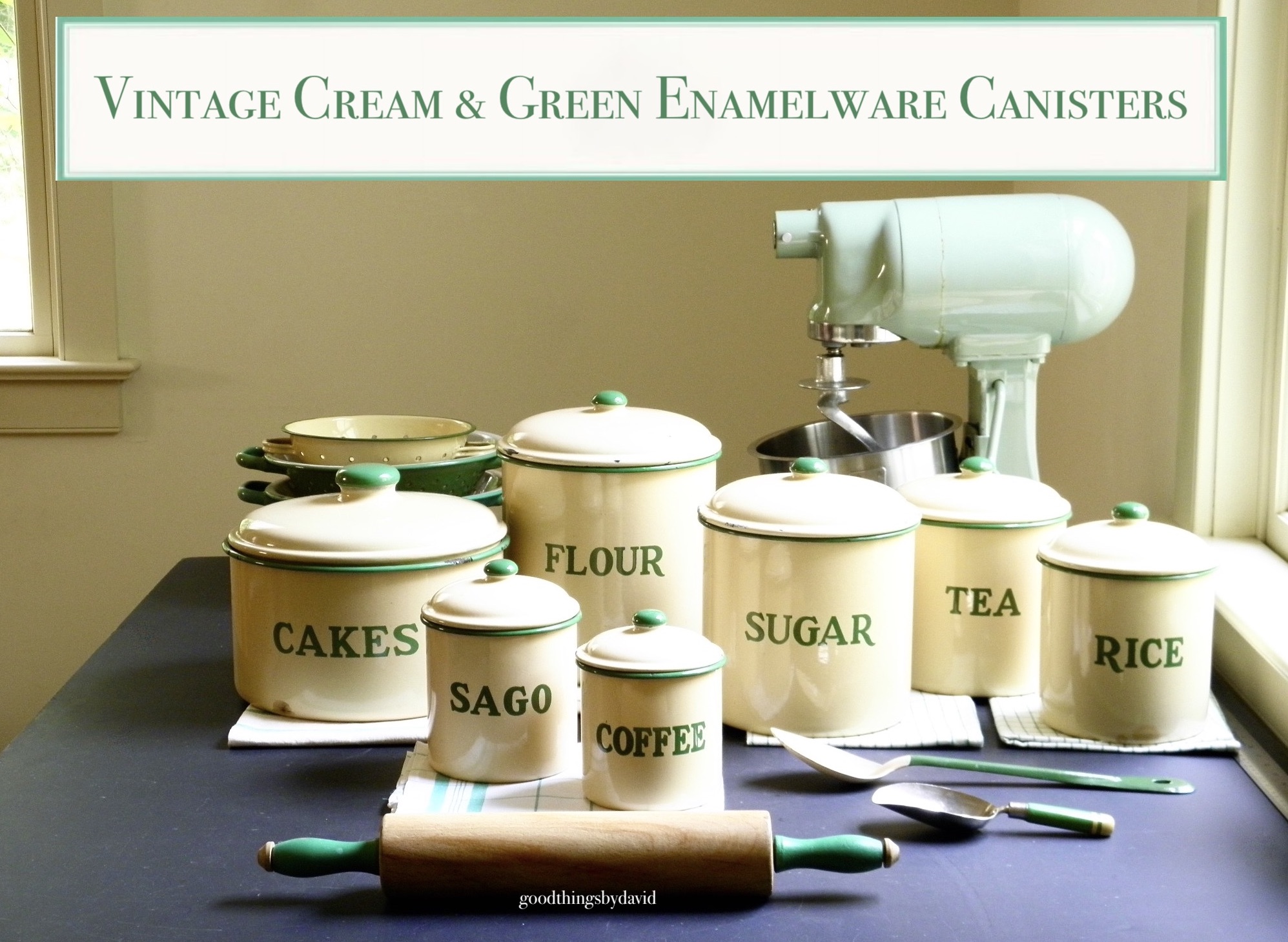 Vintage Cream and Green Enamelware Canisters