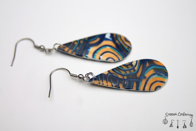 Boucles d'oreilles pâte polymère Canne Spirale bleu orange Fimo Stenna Création