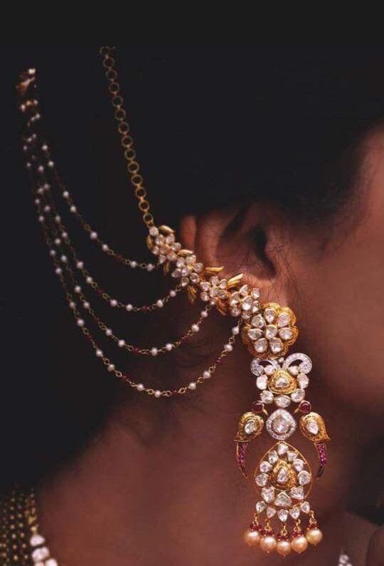Long Ear Cuff Jhumkas in Polki Jewellery Designs