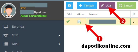 Klik pada Kolom Nama PTK, kemudian Klik menu Ubah