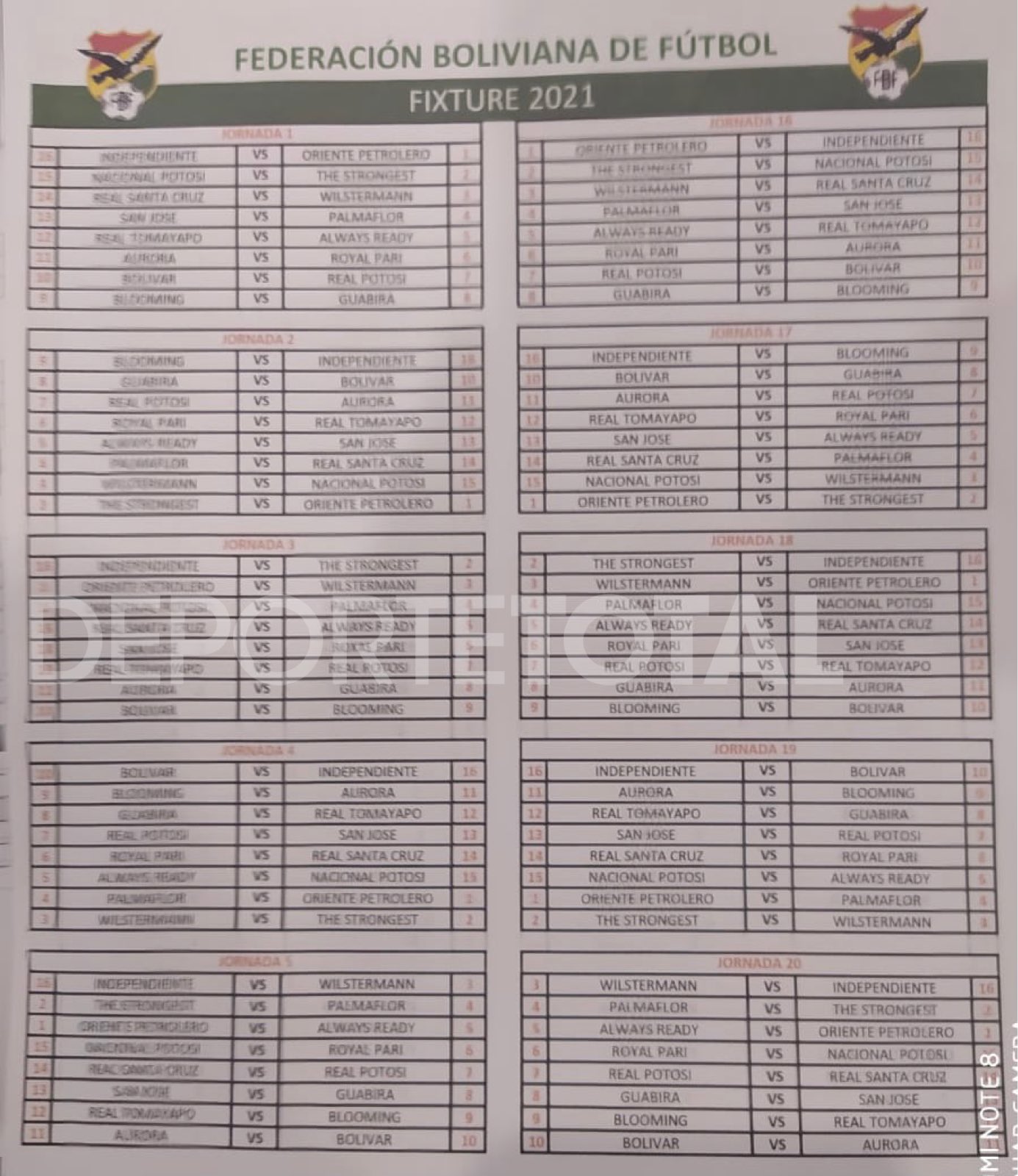 Fixture Torneo 2021 Futbol Boliviano