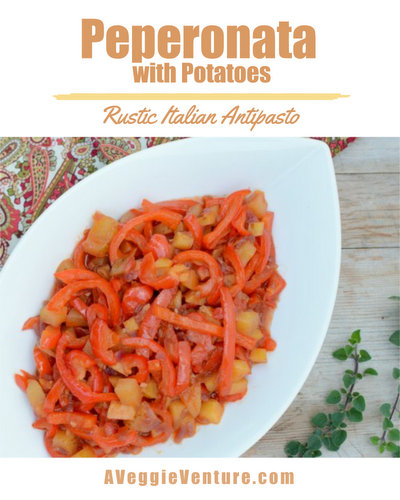 Peperonata with Potatoes, rustic Italian antipasto ♥ AVeggieVenture.com, the classic Italian dish made from peppers, onion, tomato and potatoes. Served warm or at room temperature. Vegan. Recipe, tips, nutrition & Weight Watchers points included.