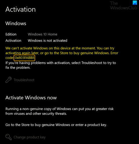 Windowsアクティベーションエラー0x803FABB8