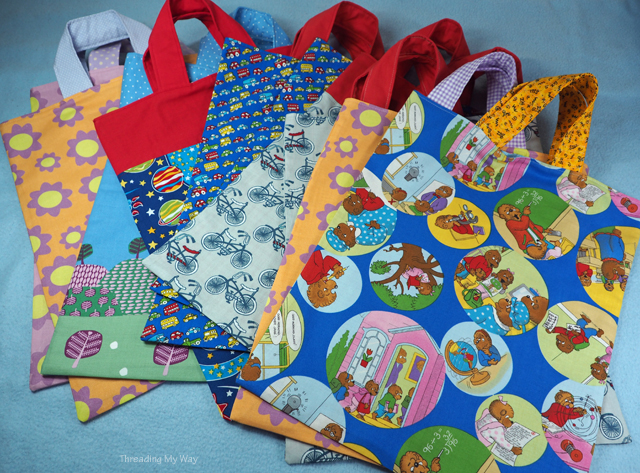 Sewing library bags - book bags - for charity. Tutorial by Threading My Way