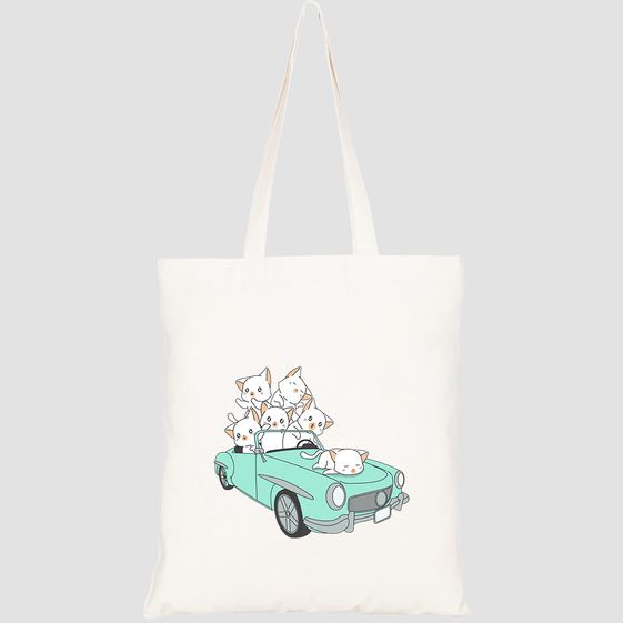 TÚI VẢI TOTE CANVAS IN HÌNH DRAWN KAWAII CATS GREEN CAR HT172 – HTFASHION