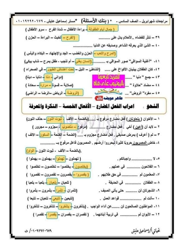 مراجعة لغة عربية للصف السادس الإبتدائى ترم ثانى أ/ إسماعيل عايش  8