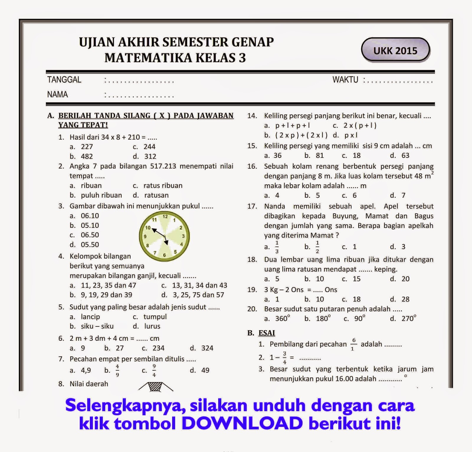 soal ujian matematika smp kelas 7 semester 1