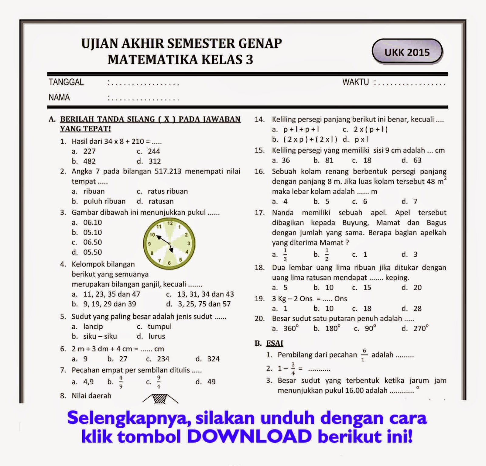 Contoh soal latihan matematika kelas 7 semester 2 Contoh soal latihan matematika kelas 7 semester 2