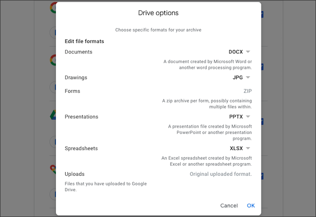تحرير تنسيقات الملفات لتصدير بيانات Google Drive