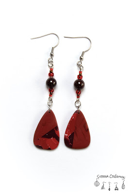 Boucles oreilles pâte polymère marbre rouge Sculpey Pardo Stenna Création