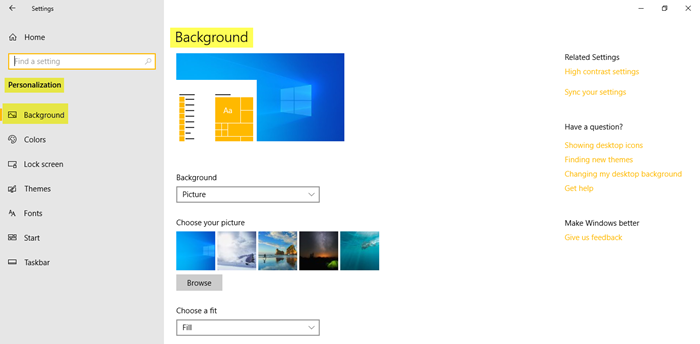 Configuración de personalización en Windows 10