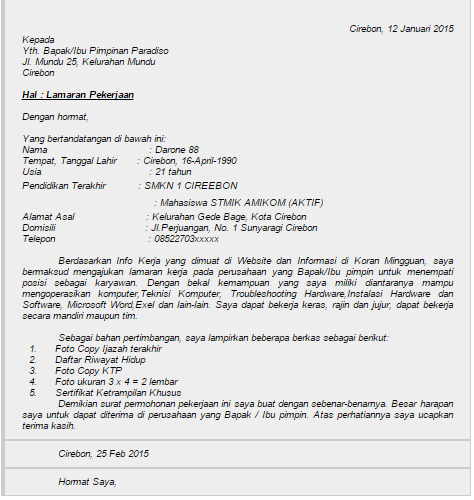 Contoh Surat Lamaran Di Pt Batubara Contoh Surat