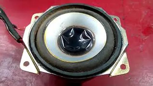 A woofer with grey cone and black pushed in dust cap