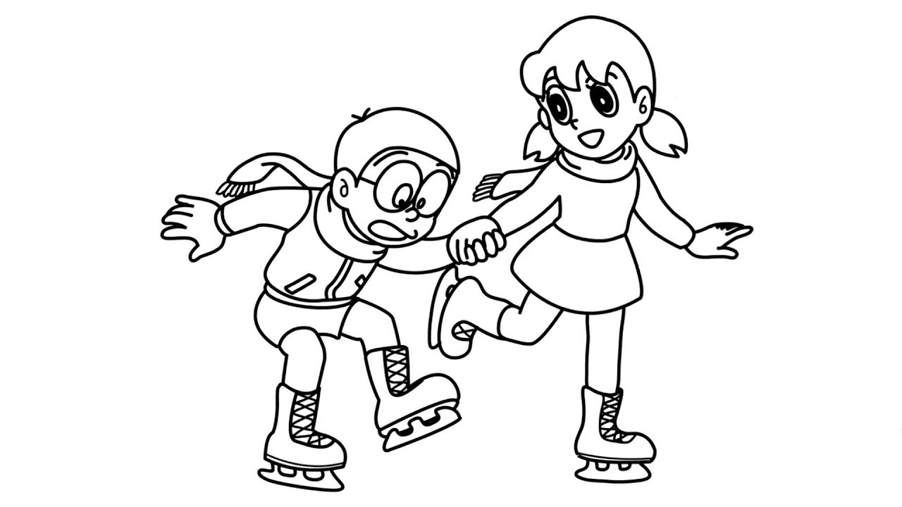 Tranh tô màu Xuka vui vẻ bên Nobita trượt băng