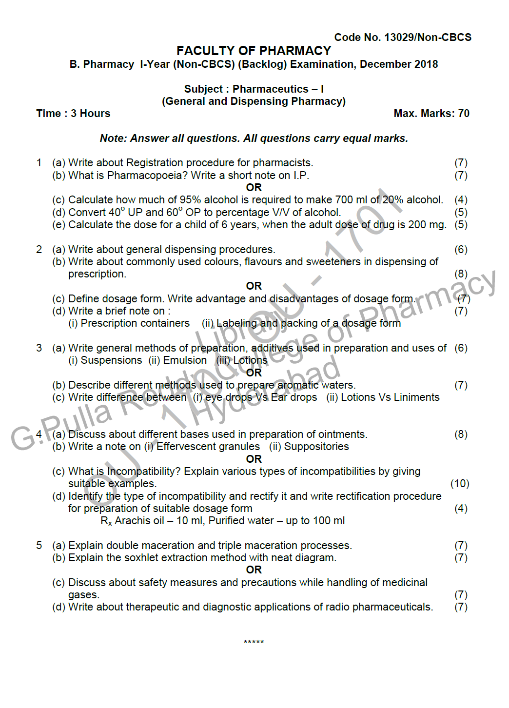 Osmania University B. Pharmacy IYear (NonCBCS)(Backlog) Subject