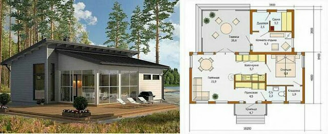 one story finnish house with a veranda