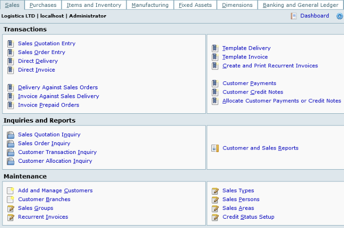 Software di logistica gratuito per Windows FrontAccounting ERP