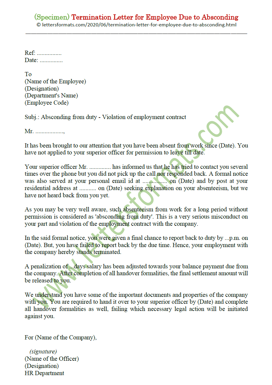 Sample Termination Letter to Employee for Absconding
