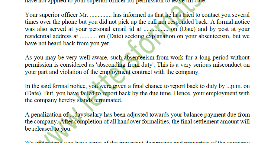 Legal Notice To Absconding Employee Format Sample Termination Letter To Employee For Absconding - vrogue.co