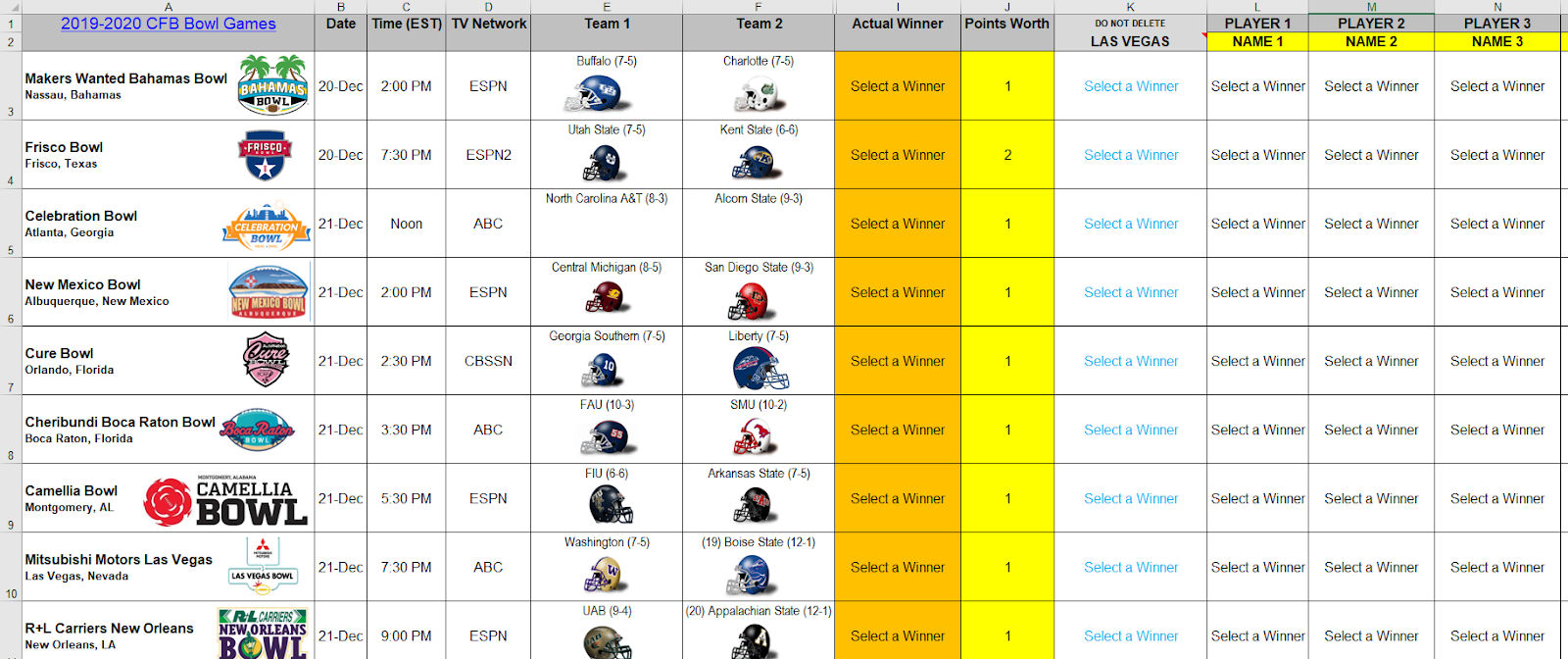 Excel Spreadsheets Help: 2019 College Football Bowl Prediction Pool