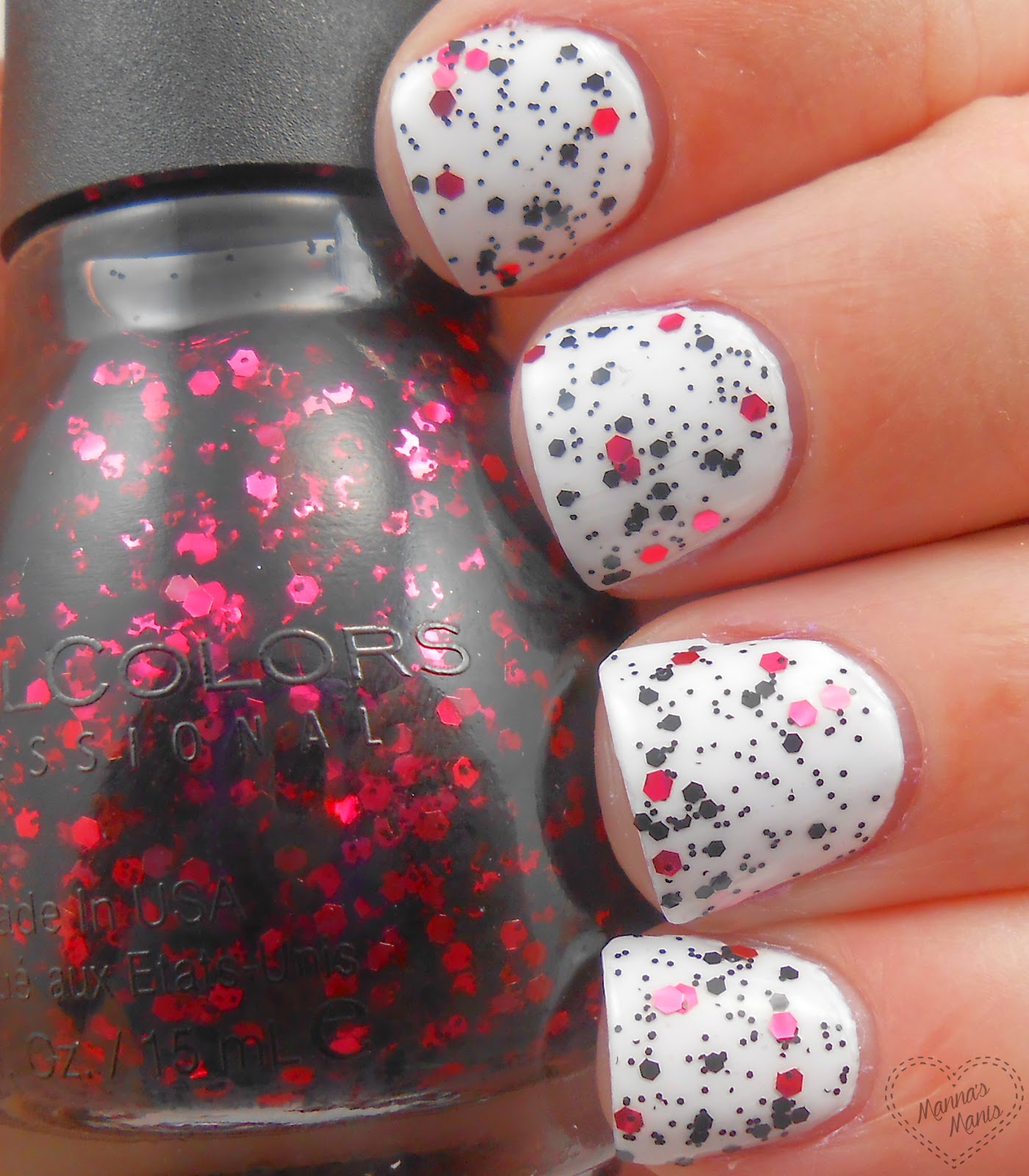 sinful colors upwrap me, a black and red glitter topper nail polish