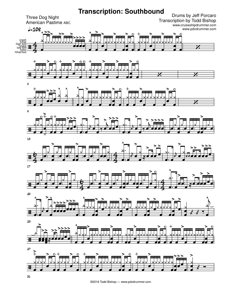 Cruise Ship Drummer Transcription Jeff Porcaro Southbound