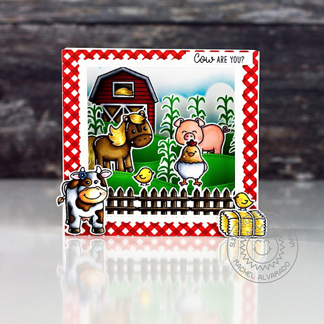 Sunny Studio Stamps: Miss Moo Barnyard Buddies Woodland Borders Fancy Frames Punny Card by Rachel Alvarado