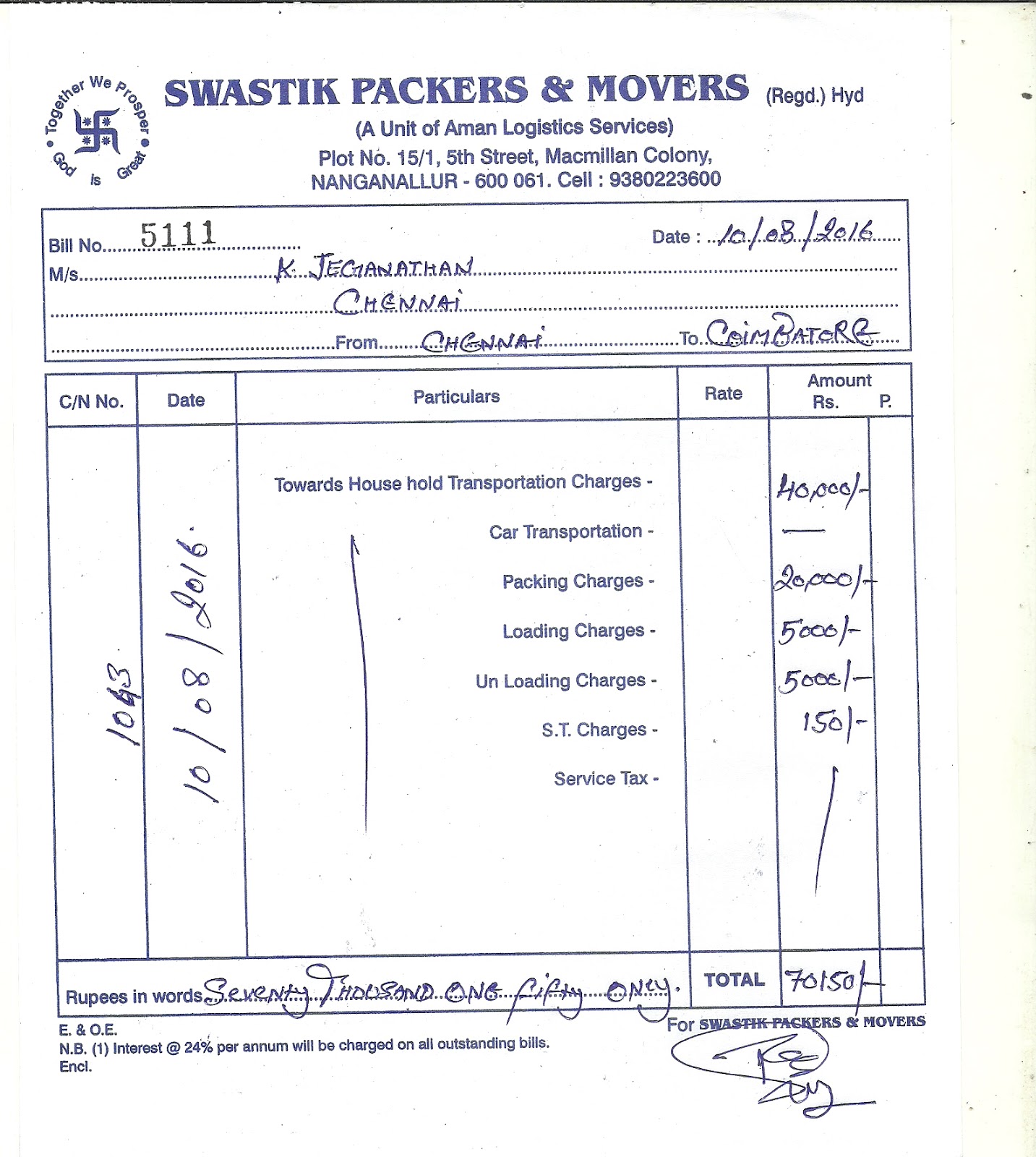 movers and packers bill