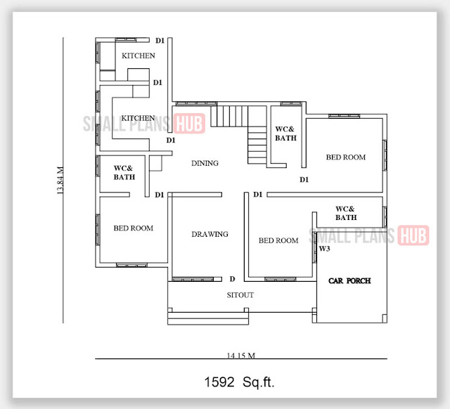 1592 Sq.ft.3 bedroom Single Floor plan and elevation