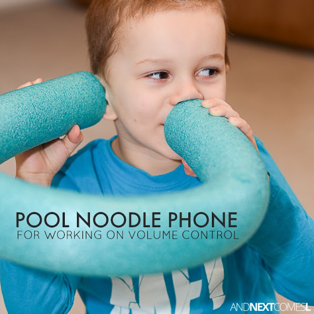 DIY pool noodle phone for kids - a great way to work on volume control and listening skills with kids, especially those with autism from And Next Comes L