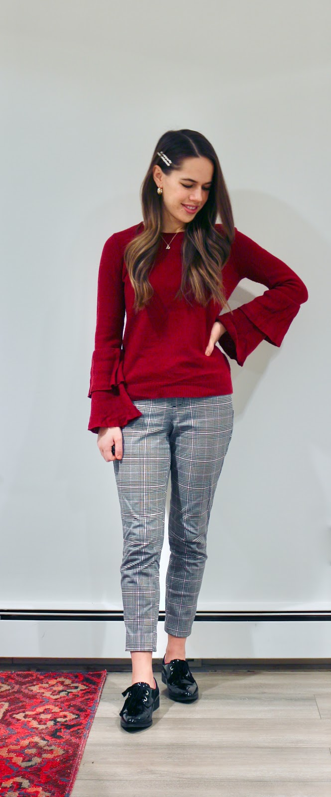 Jules in Flats - Plaid Pixie Ankle Pants with Burgundy Ruffle Sleeve Sweater (Business Casual Winter Workwear on a Budget