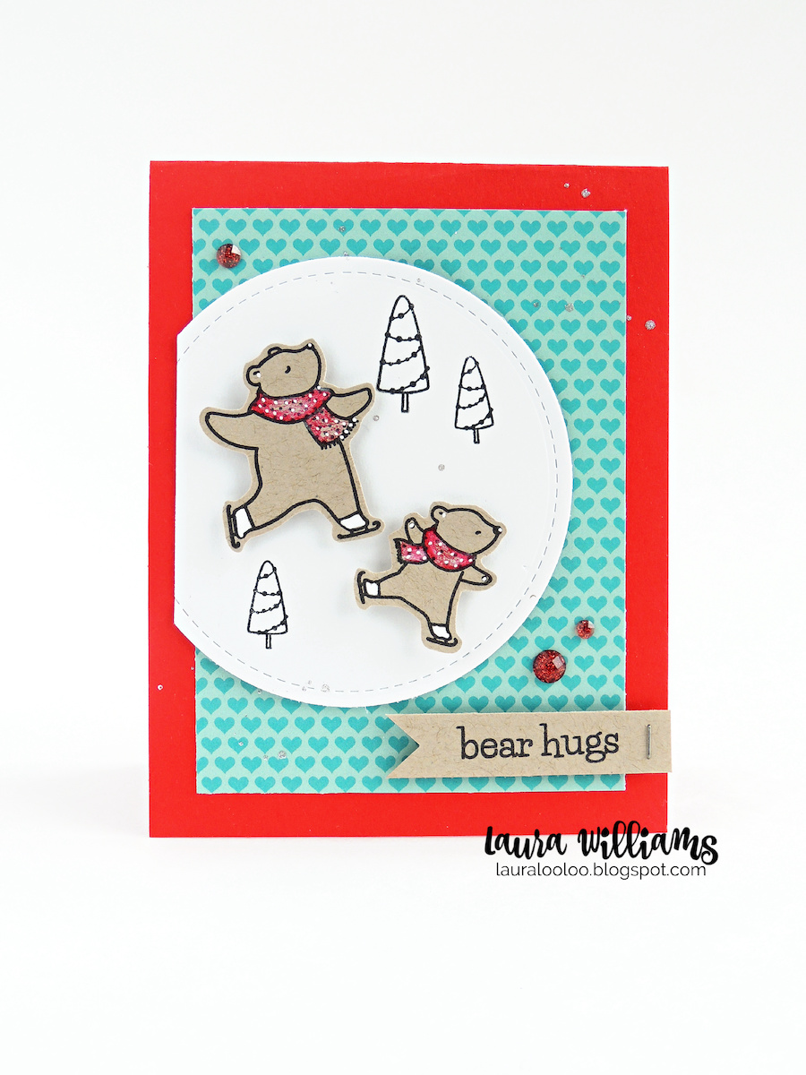 Last but certainly not least, today's third card features another way to stamp these cute bears. I initially thought of them as polar bears, but really they can be any kind of bear you want. Cut from kraft cardstock, these guys are just as adorable! I used colored pencils and a white pen to add color to the scarf and ice skates for colorful little details. (I love using my white gel pen on kraft cardstock!)