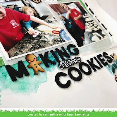 Making Christmas Cookies Layout by Samantha Mann, Lawn Fawn, Lawn Fawnatics, Scrapbooking, Mixed Media, Watercolor, Stencil, Embosisng Paste, gesso, Scrapbook layout #lawnfawn #lawnfawnatics #scrapbook #layout #mixedmedia #watercolor