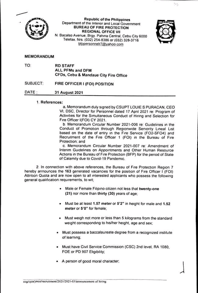 BFP HIRING, REQUIREMENTS AND APPLICATIONS