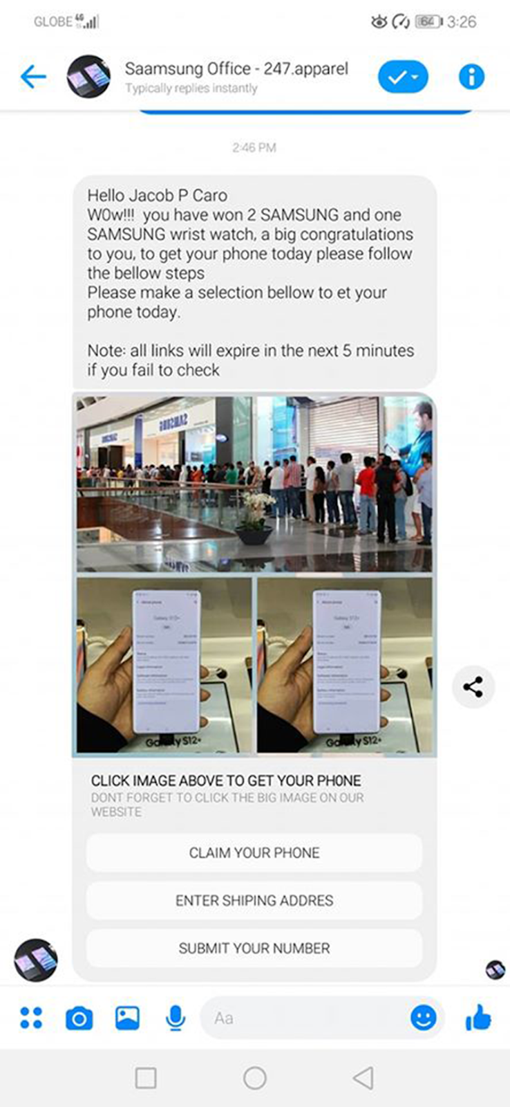 Example of a fake Samsung giveaway Example of a fake Samsung giveaway