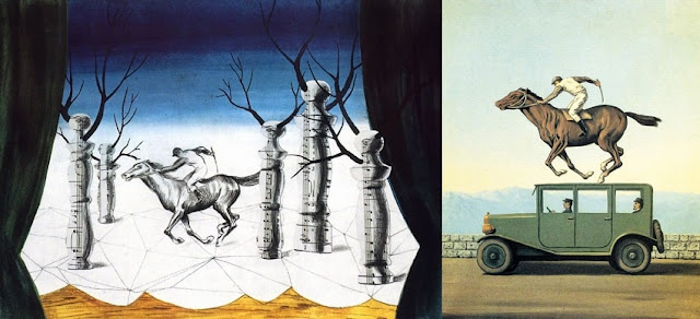 Рене Магритт  Слева: «Заблудившийся жокей» (1926).  Справа: «Месть богов» (1960).