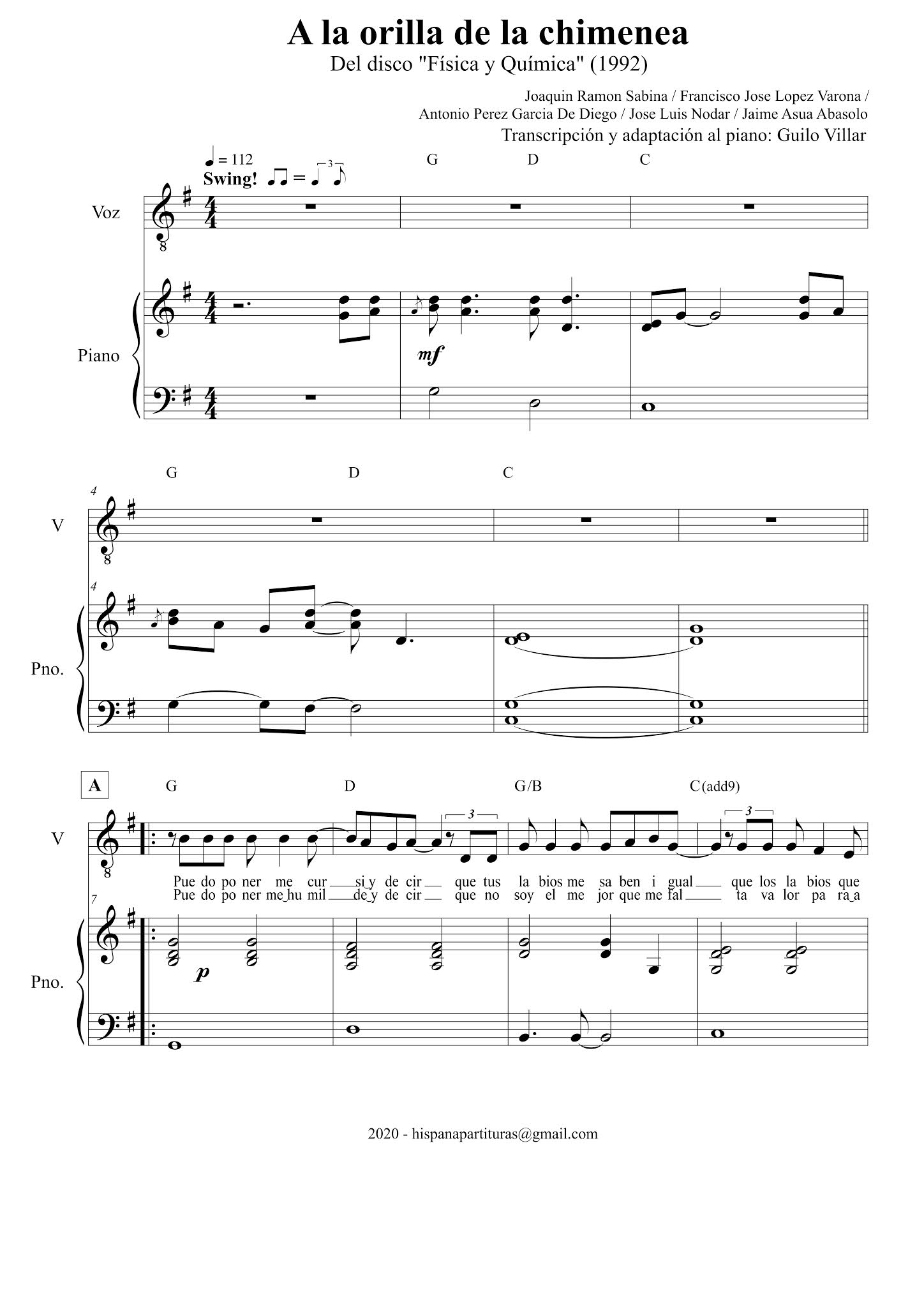 Joaquin Sabina - A la orilla de la chimenea (partitura para piano y voz)