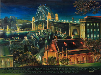 Plein air oil painting of nocturne of the Rocks and Sydney Harbour Bridge from Observatory Hill painted by industrial heritage artist Jane Bennett